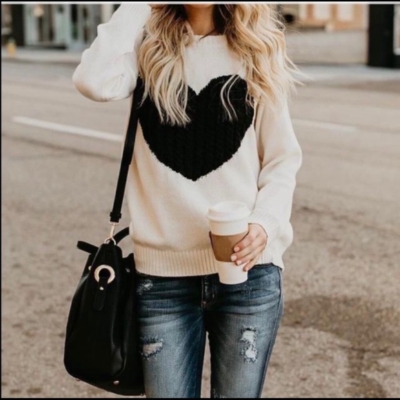 Women’s Black and White Heart Pullover Sweater - Picture 3 of 4